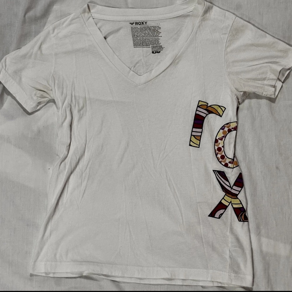 Roxy Y2K V Neck Graphic Print Colorful Spellout S/S Surfer Girl Tee Shirt SZ.L